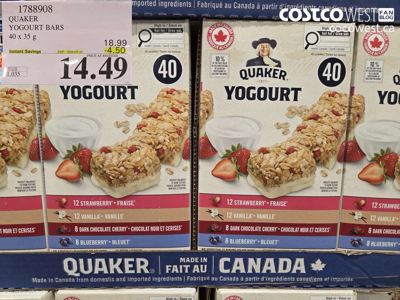 1788908 QUAKER YOGURT BARS 40 X 35G ($4.50 INSTANT SAVINGS EXPIRES ON 2026-05-10) $14.49