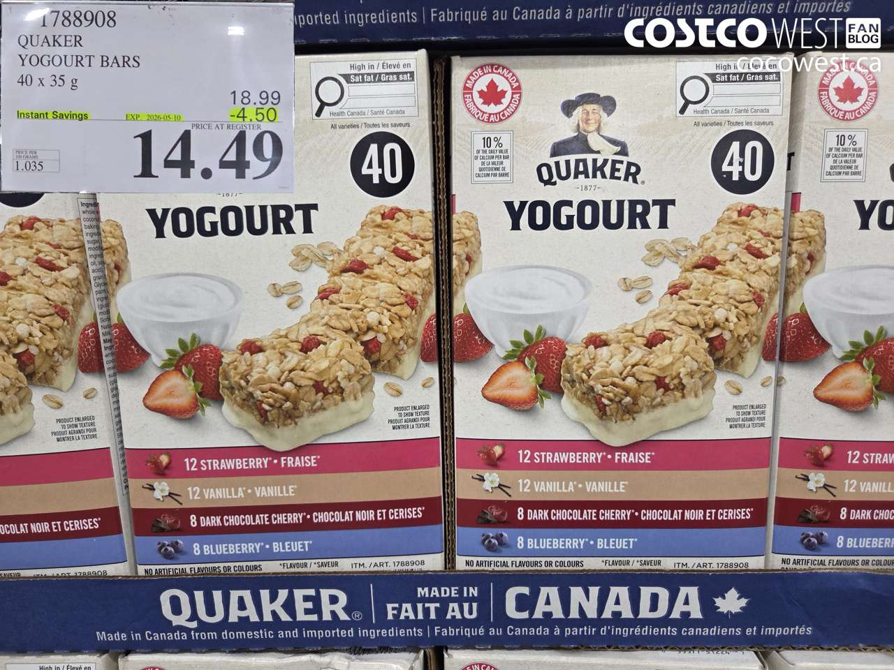 1788908 QUAKER YOGURT BARS 40 X 35 G ($4.50 INSTANT SAVINGS EXPIRES ON 2026-05-10) $14.49