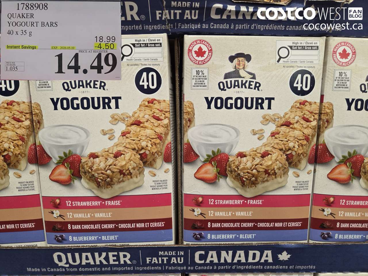 1788908 QUAKER YOGURT BARS 40 X 35 G ($4.50 INSTANT SAVINGS EXPIRES ON 2026-05-10) $14.49