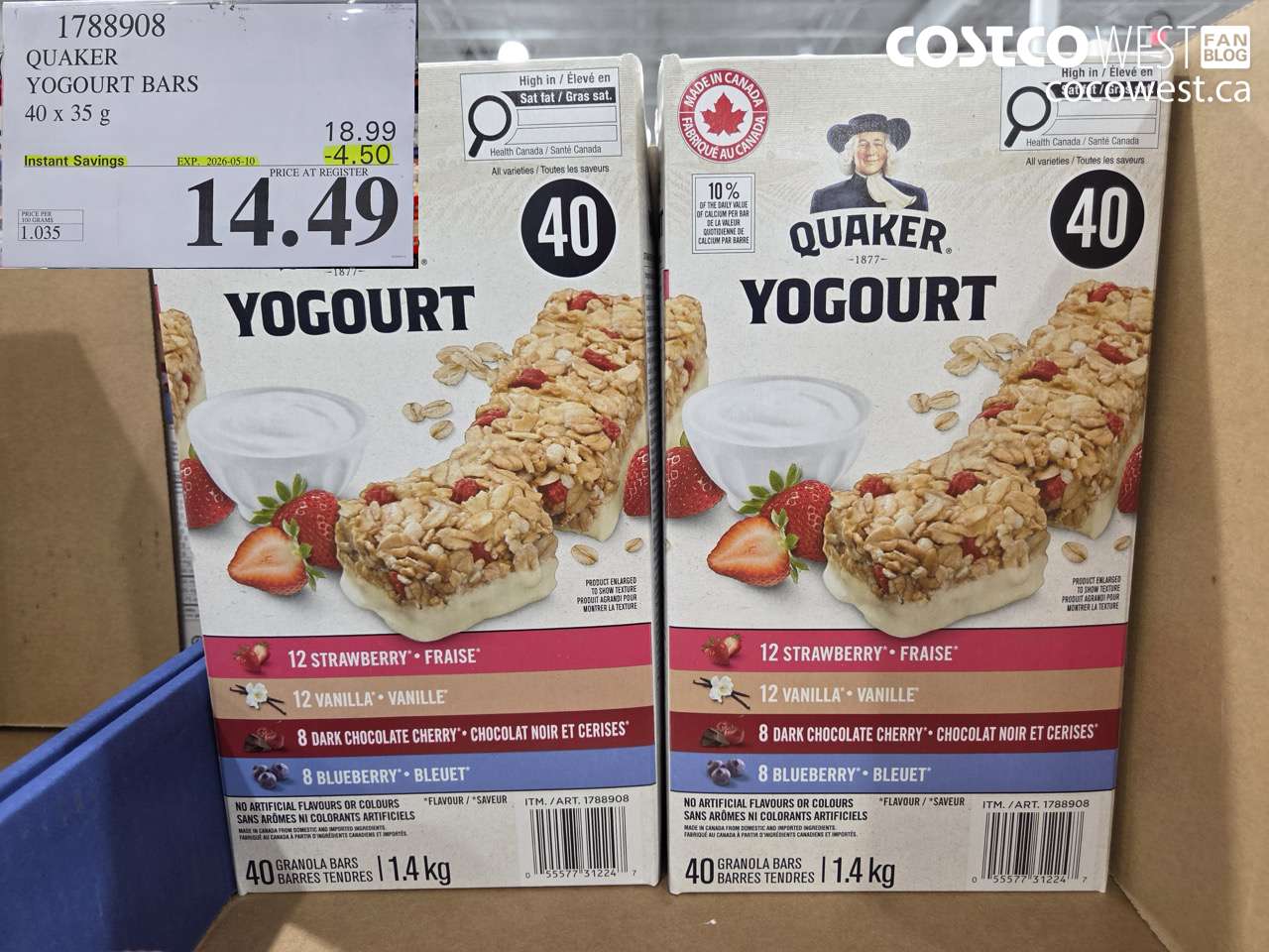 1788908 QUAKER YOGURT BARS 40 X 35 G ($4.50 INSTANT SAVINGS EXPIRES ON 2026-05-10) $14.49