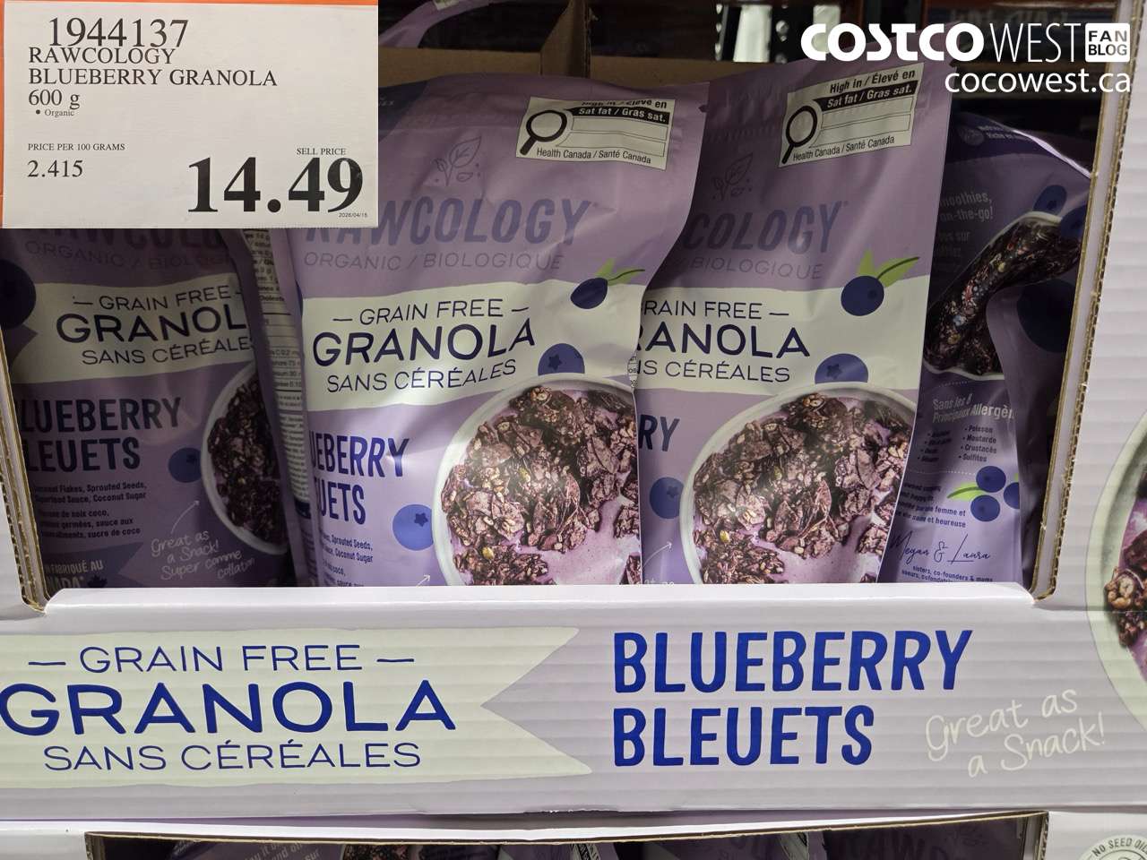 1944137 RAWCOLOGY BLUEBERRY GRANOLA 600G $14.49