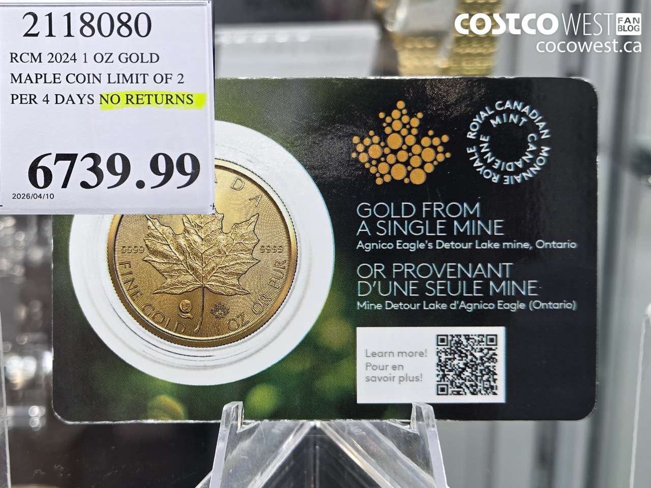 2118080 RCM 2024 1 OZ GOLD MAPLE COIN LIMIT OF 2 PER 4 DAYS NO RETURNS $6739.99