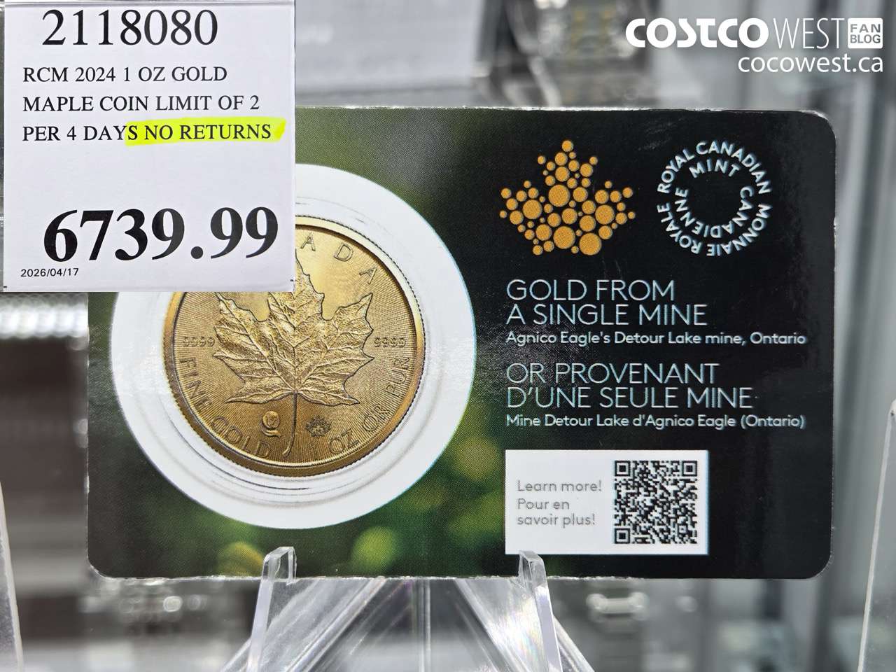 2118080 RCM 2024 1 OZ GOLD MAPLE COIN LIMIT OF 2 PER 4 DAYS NO RETURNS $6739.99