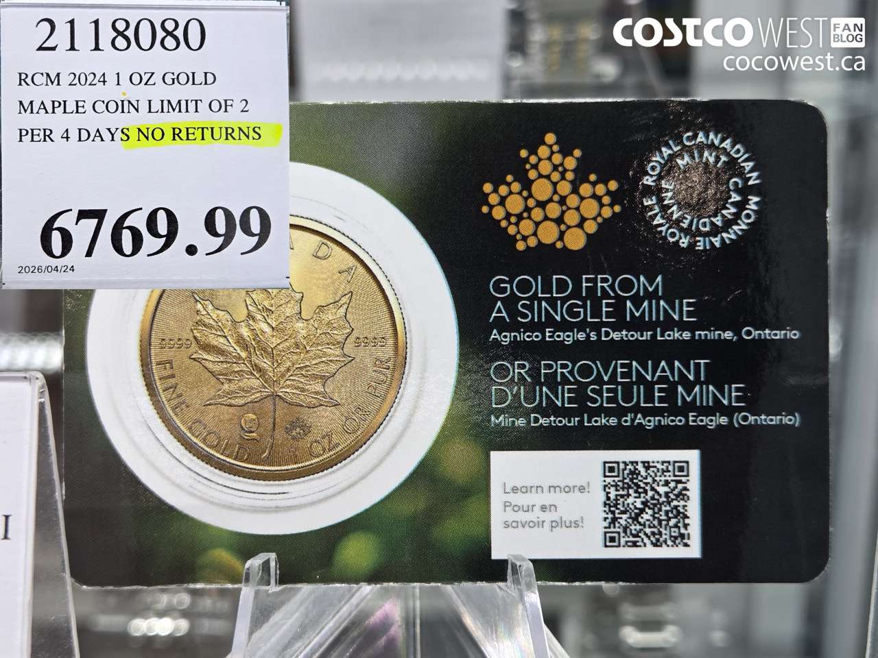 2118080 RCM 2024 1 OZ GOLD MAPLE COIN LIMIT OF 2 PER 4 DAYS NO RETURNS $6769.99