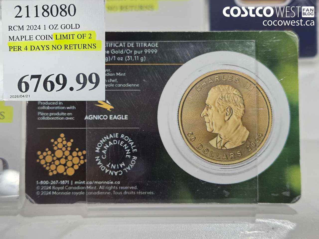 21118080 RCM 2024 1 OZ GOLD MAPLE COIN LIMIT OF 2 PER 4 DAYS NO RETURNS $6769.99