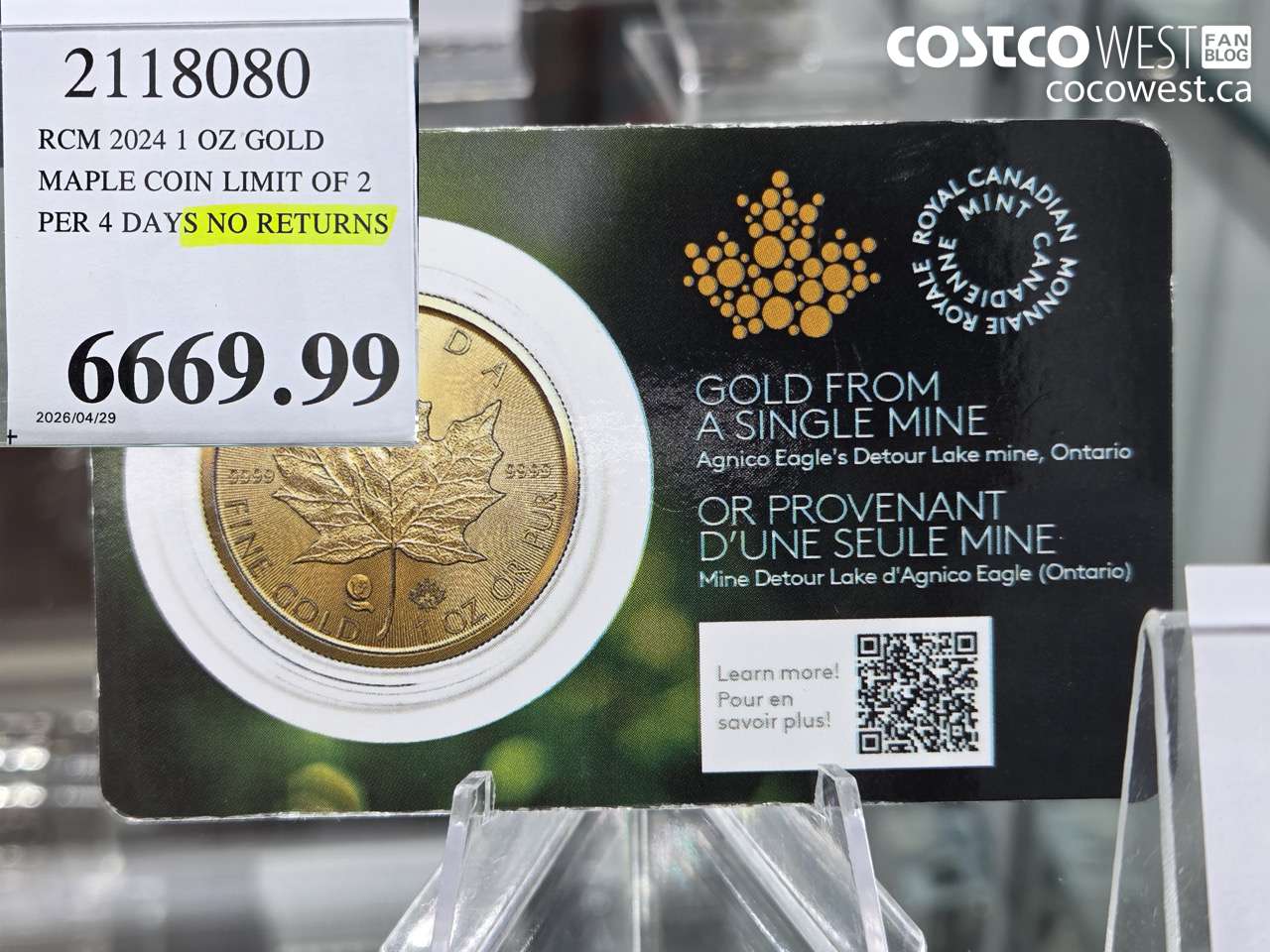 21180080 RCM 2024 1 OZ GOLD MAPLE COIN LIMIT OF 2 PER 4 DAYS NO RETURNS $6669.99
