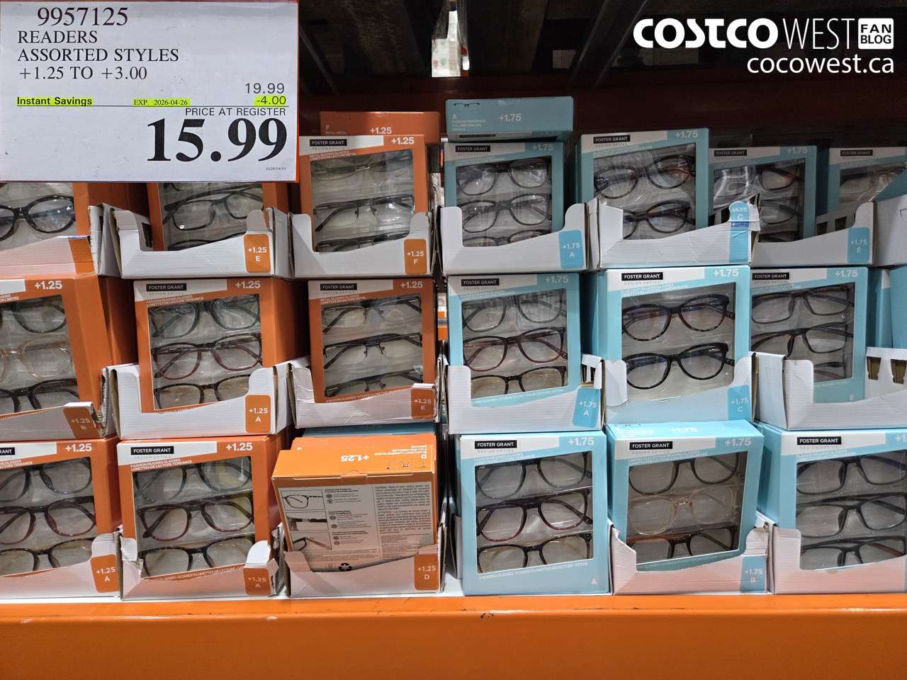 9957125 READERS ASSORTED STYLES +1.25 TO +3.00 ($4.00 INSTANT SAVINGS EXPIRES ON 2026-04-26) $15.99