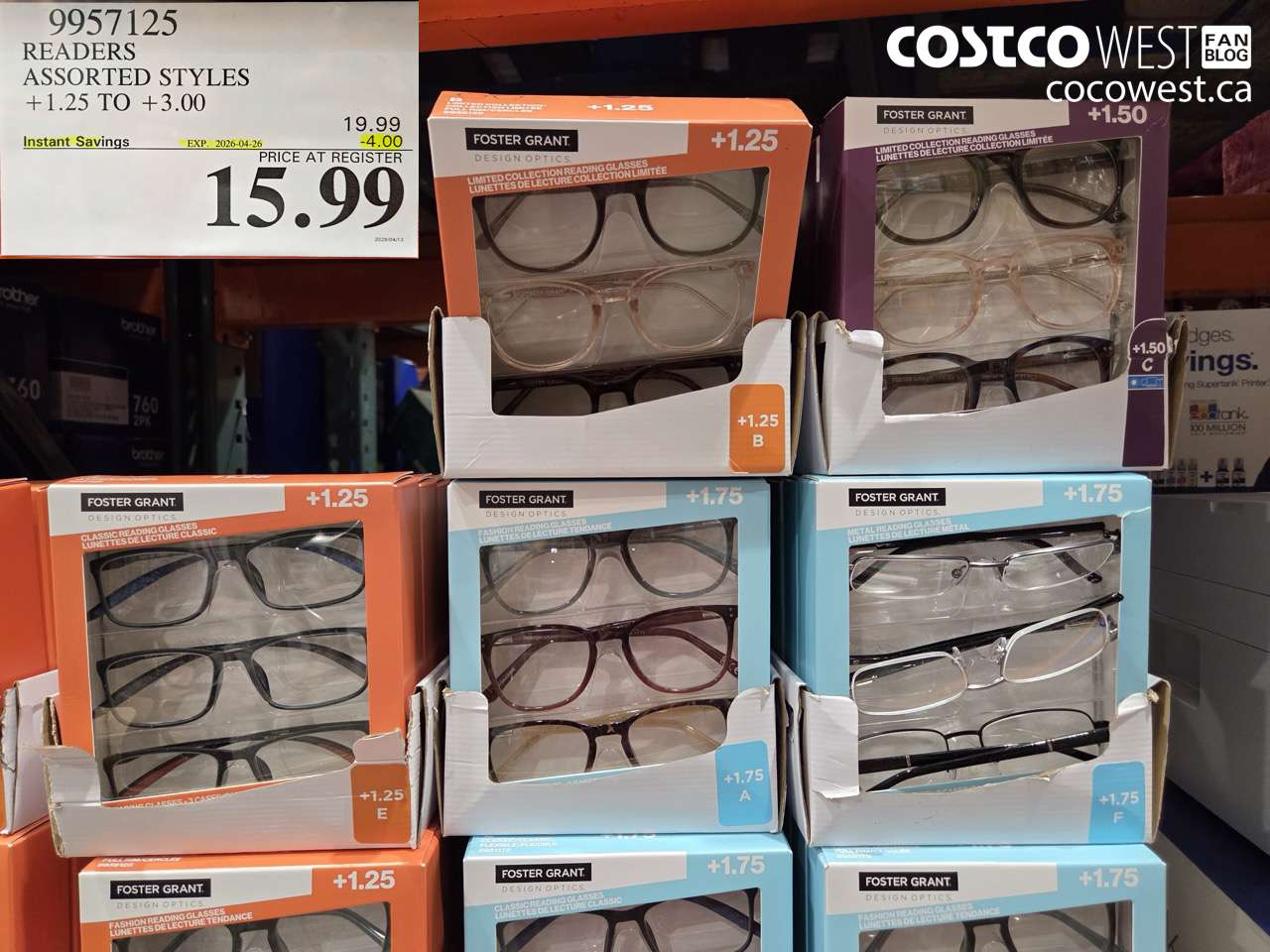 9957125 READERS ASSORTED STYLES +1.25 TO +3.00 ($4.00 INSTANT SAVINGS EXPIRES ON 2026-04-26) $15.99