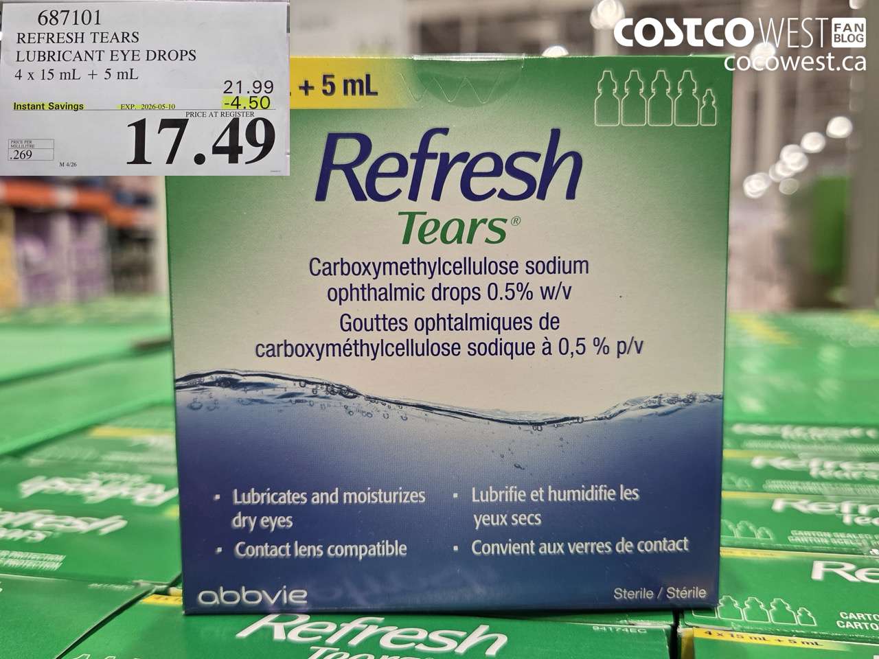 687101 REFRESH TEARS LUBRICANT EYE DROPS 4 X 15 ML + 5 ML ($4.50 INSTANT SAVINGS EXPIRES ON 2026-05-10) $17.49