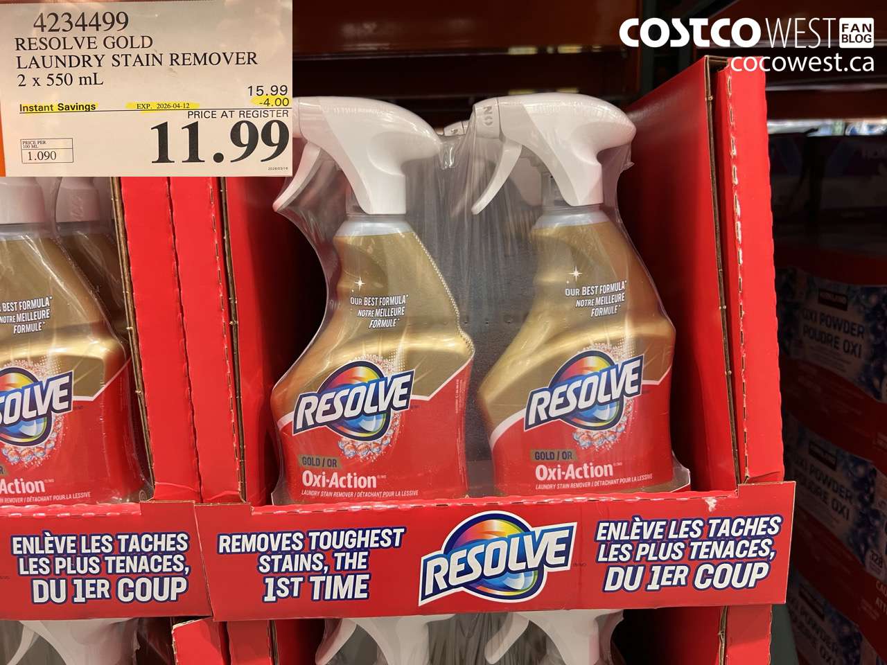 4234499 RESOLVE GOLD LAUNDRY STAIN REMOVER 2 X 550 ML ($4.00 INSTANT SAVINGS EXPIRES ON 2026-04-12) $11.99