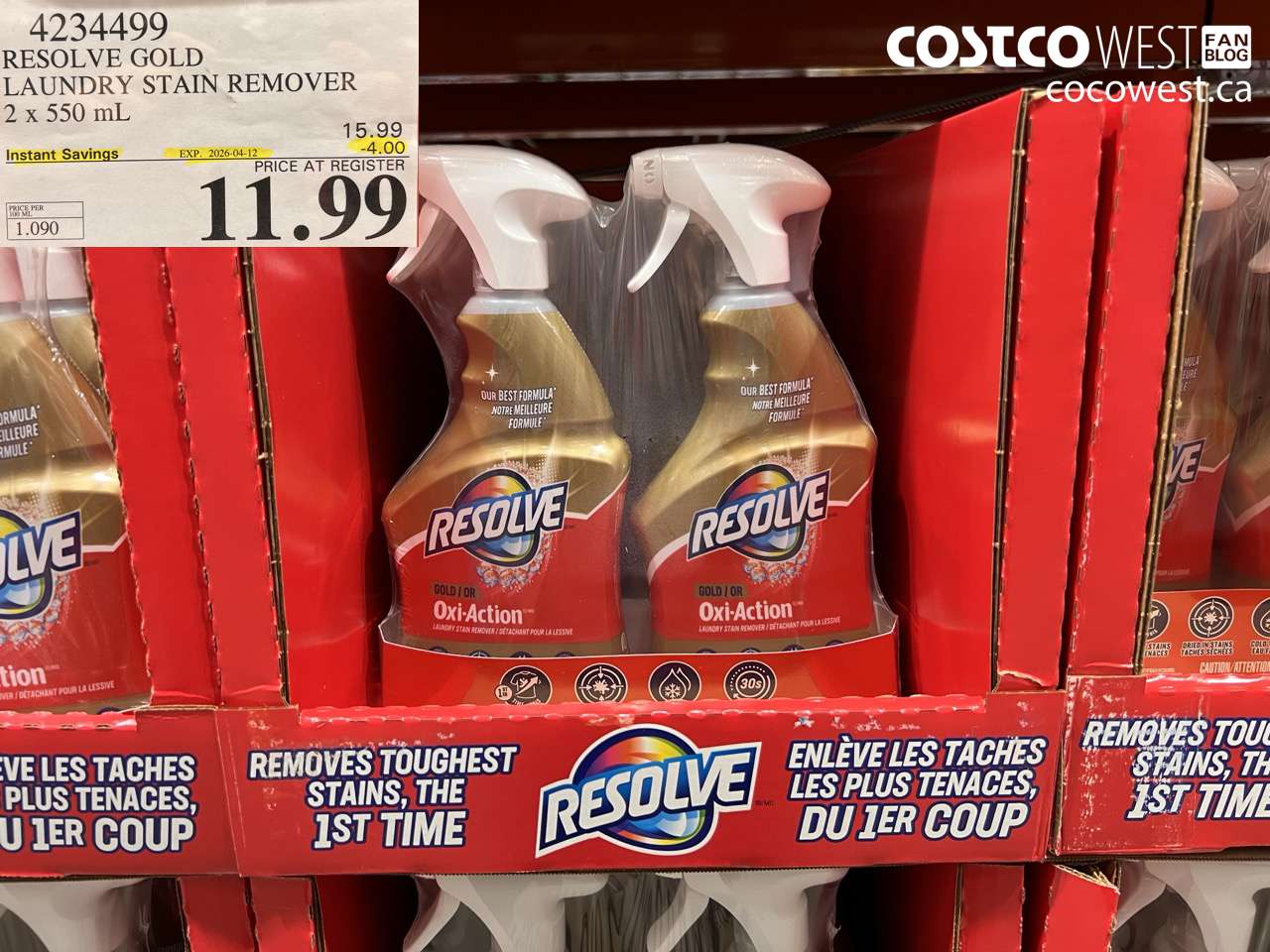 4234499 RESOLVE GOLD LAUNDRY STAIN REMOVER 2 X 550 ML ($4.00 INSTANT SAVINGS EXPIRES ON 2026-04-12) $11.99