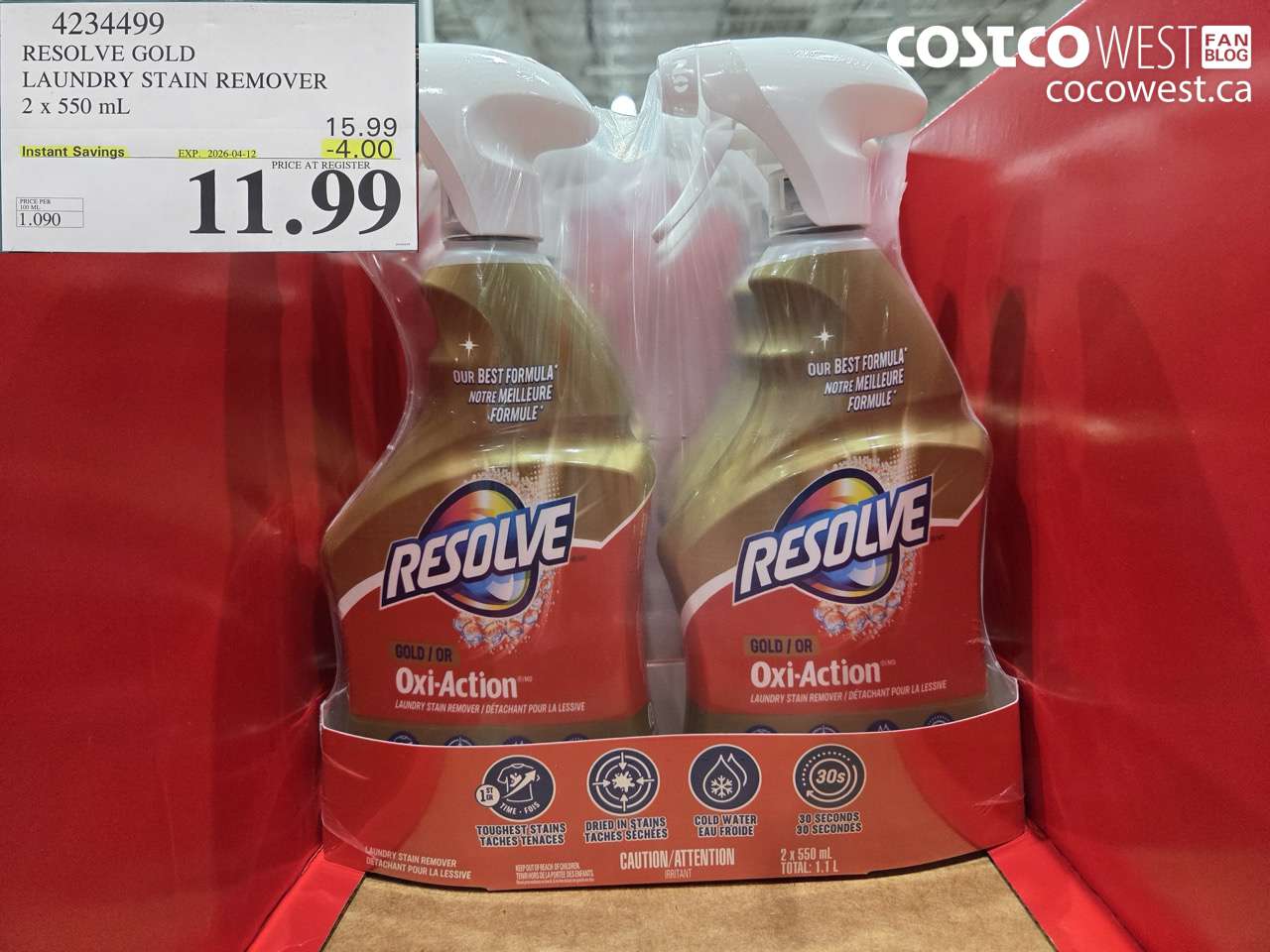 4234499 RESOLVE GOLD LAUNDRY STAIN REMOVER 2 X 550 ML ($4.00 INSTANT SAVINGS EXPIRES ON 2026-04-12) $11.99