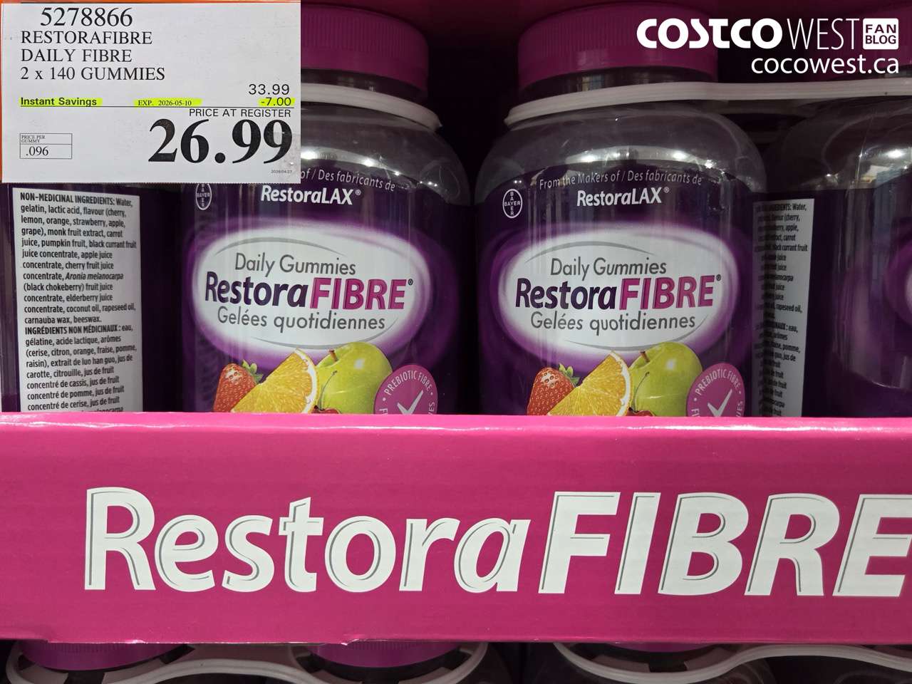5278866 RESTORAFIBRE DAILY FIBRE 2 X 140 GUMMIES ($7.00 INSTANT SAVINGS EXPIRES ON 2026-05-10) $26.99