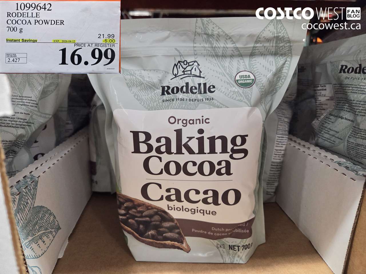 1099642 RODELLE COCOA POWDER 700 G ($5.00 INSTANT SAVINGS EXPIRES ON 2026-04-12) $16.99