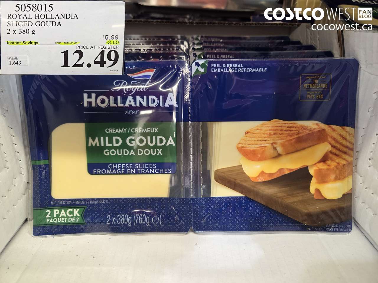 5058015 ROYAL HOLLANDIA SLICED GOUDA 2 X 380 G ($3.50 INSTANT SAVINGS EXPIRES ON 2026-05-03) $12.49