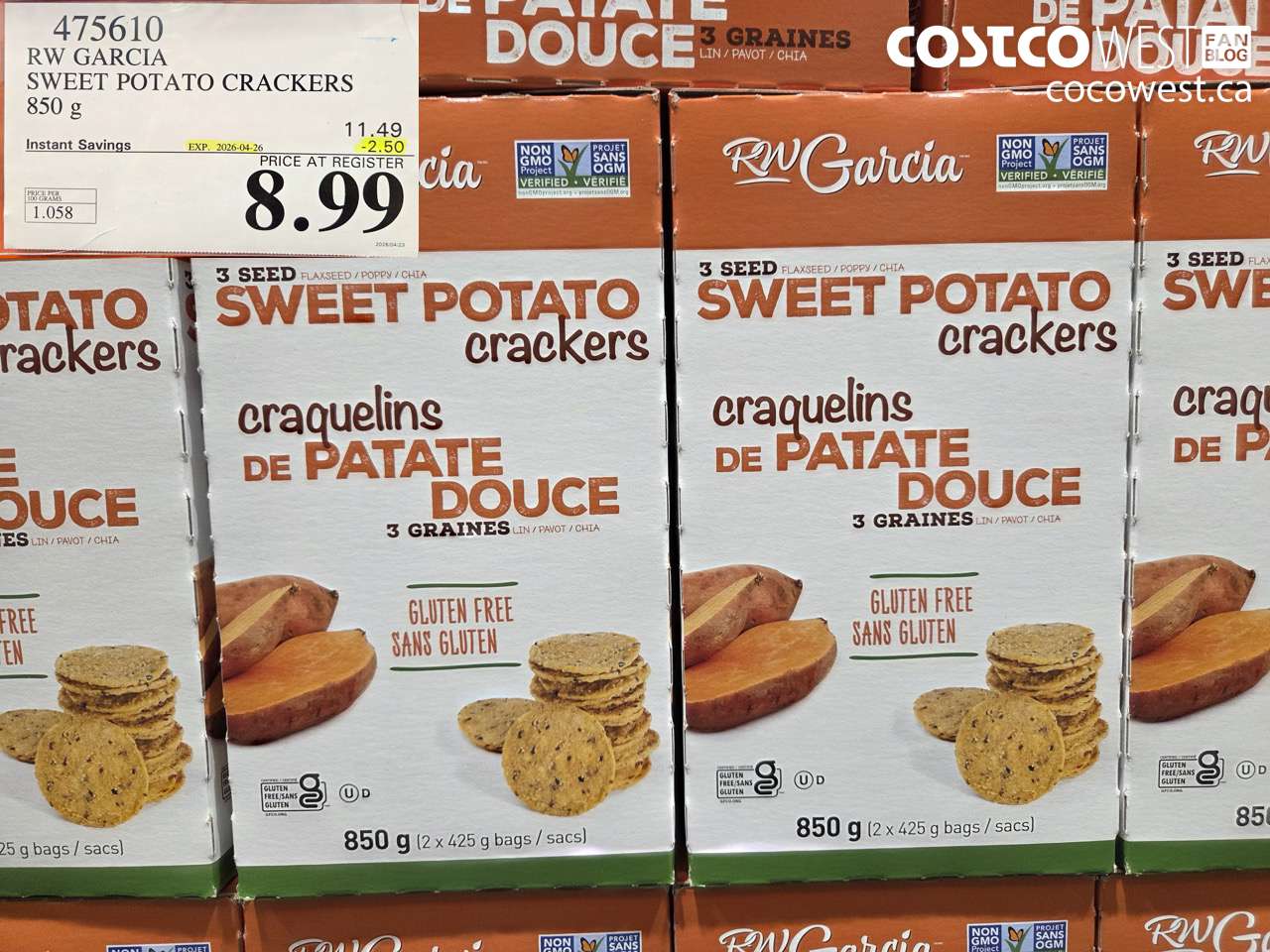 475610 RW GARCIA SWEET POTATO CRACKERS 850G ($2.50 INSTANT SAVINGS EXPIRES ON 2026-04-26) $8.99