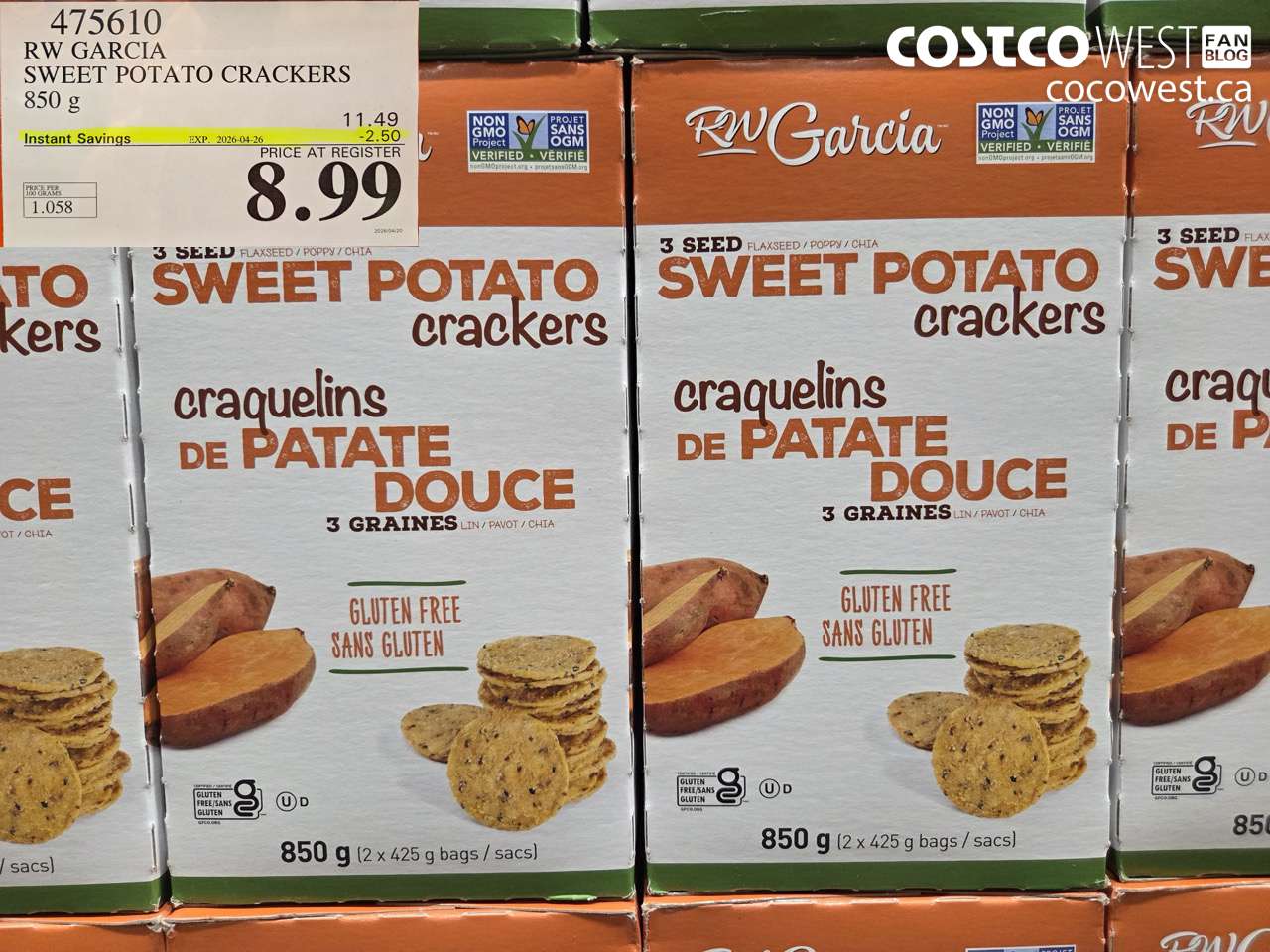 475610 RW GARCIA SWEET POTATO CRACKERS 850 G ($2.50 INSTANT SAVINGS EXPIRES ON 2026-04-26) $8.99