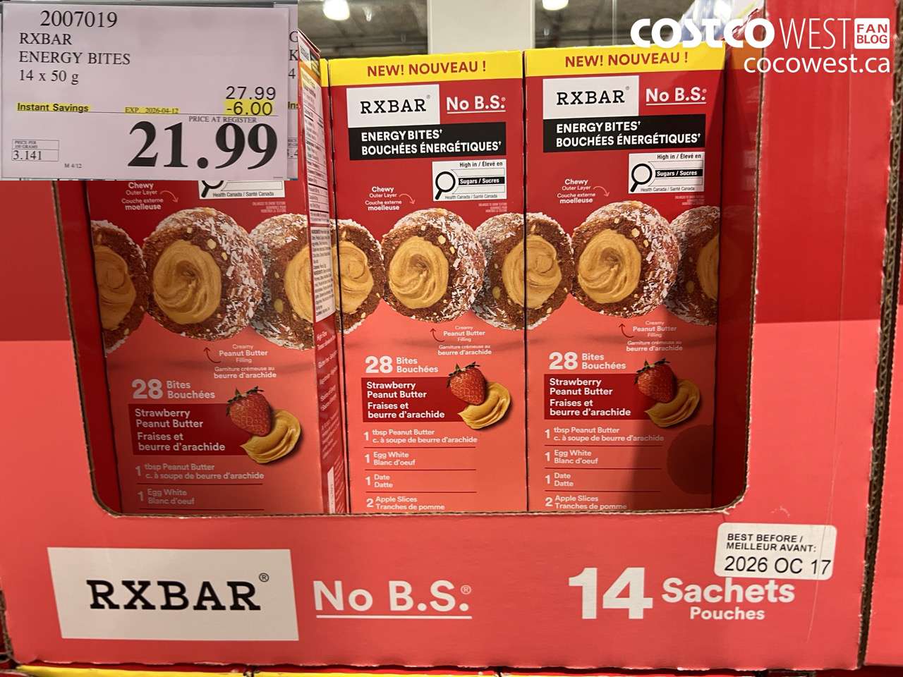 2007019 RXBAR ENERGY BITES 14 X 50 G ($6.00 INSTANT SAVINGS EXPIRES ON 2026-04-12) $21.99