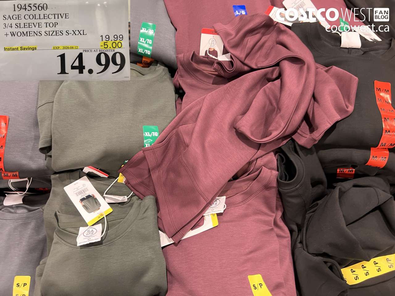 1945560 SAGE COLLECTIVE 3/4 SLEEVE TOP + WOMENS SIZES S-XXL ($5.00 INSTANT SAVINGS EXPIRES ON 2026-04-12) $14.99