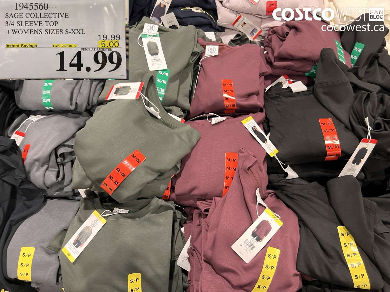 1945560 SAGE COLLECTIVE 3/4 SLEEVE TOP + WOMENS SIZES S-XXL ($5.00 INSTANT SAVINGS EXPIRES ON 2026-04-12) $14.99