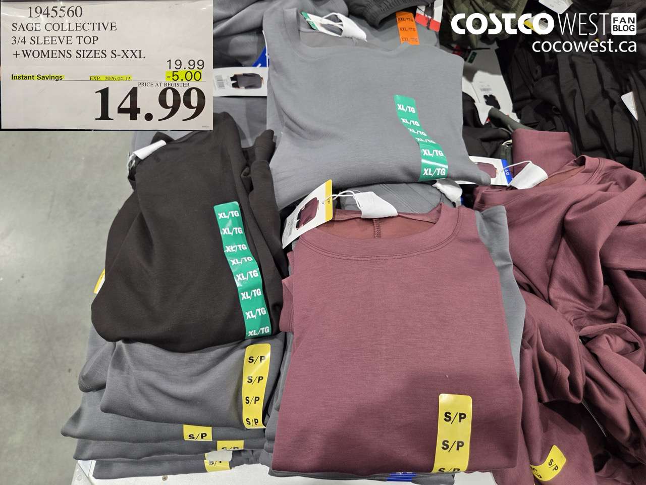 1945560 SAGE COLLECTIVE 3/4 SLEEVE TOP + WOMENS SIZES S-XXL ($5.00 INSTANT SAVINGS EXPIRES ON 2026-04-12) $14.99