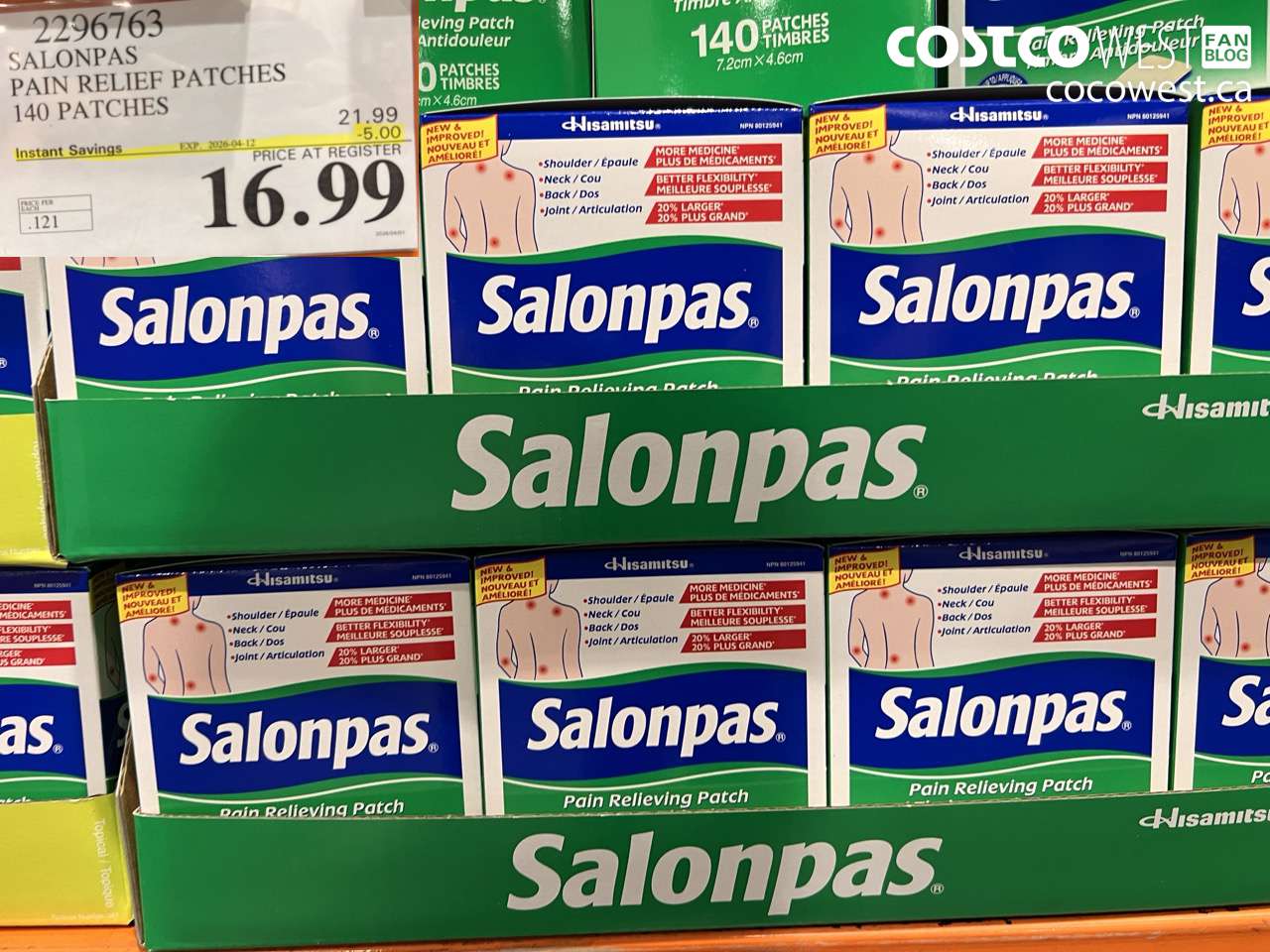 2296763 SALONPAS PAIN RELIEF PATCHES 140 PATCHES ($5.00 INSTANT SAVINGS EXPIRES ON 2026-04-12) $16.99
