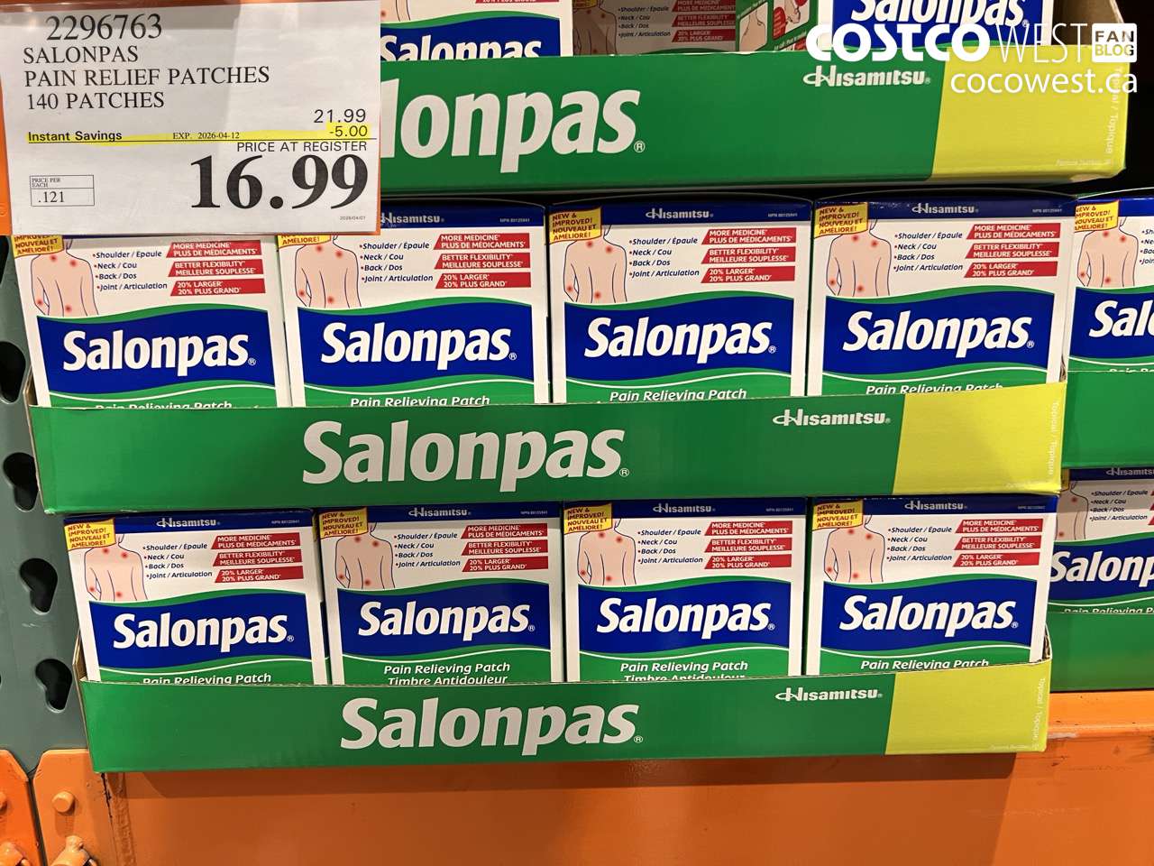 2296763 SALONPAS PAIN RELIEF PATCHES 140 PATCHES ($5.00 INSTANT SAVINGS EXPIRES ON 2026-04-12) $16.99