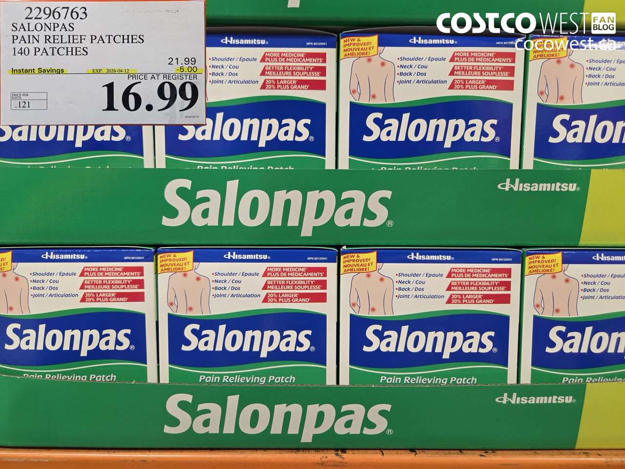 2296763 SALONPAS PAIN RELIEF PATCHES 140 PATCHES ($5.00 INSTANT SAVINGS EXPIRES ON 2026-04-12) $16.99