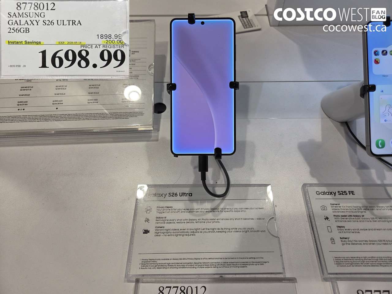 8778012 SAMSUNG GALAXY S26 ULTRA 256GB ($200.00 INSTANT SAVINGS EXPIRES ON 2026-05-14) $1698.99