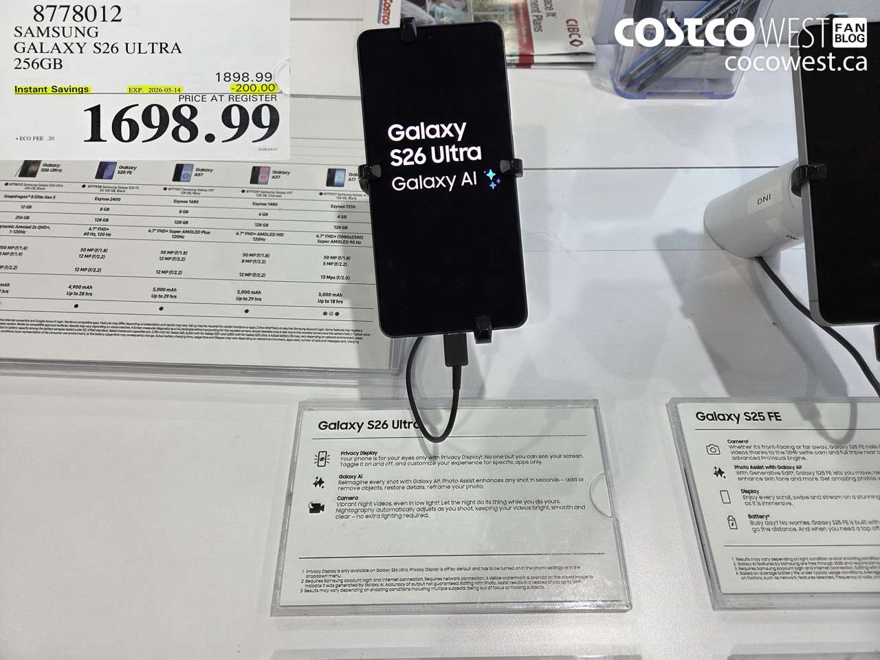 8778012 SAMSUNG GALAXY S26 ULTRA 256GB ($200.00 INSTANT SAVINGS EXPIRES ON 2026-05-14) $1698.99