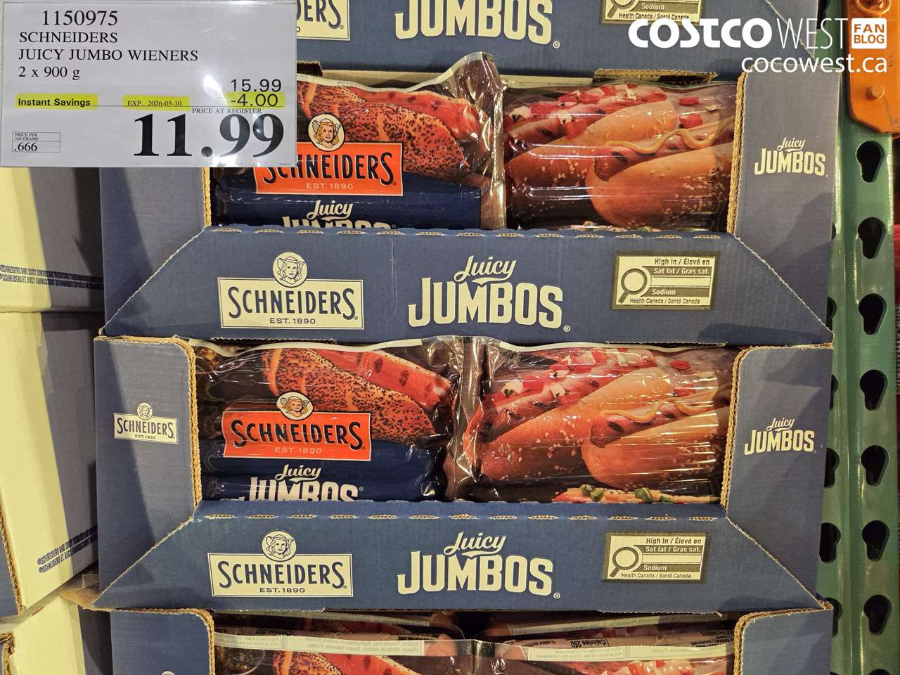 1150975 SCHNEIDERS JUICY JUMBO WIENERS 2 X 900G ($4.00 INSTANT SAVINGS EXPIRES ON 2026-05-10) $11.99
