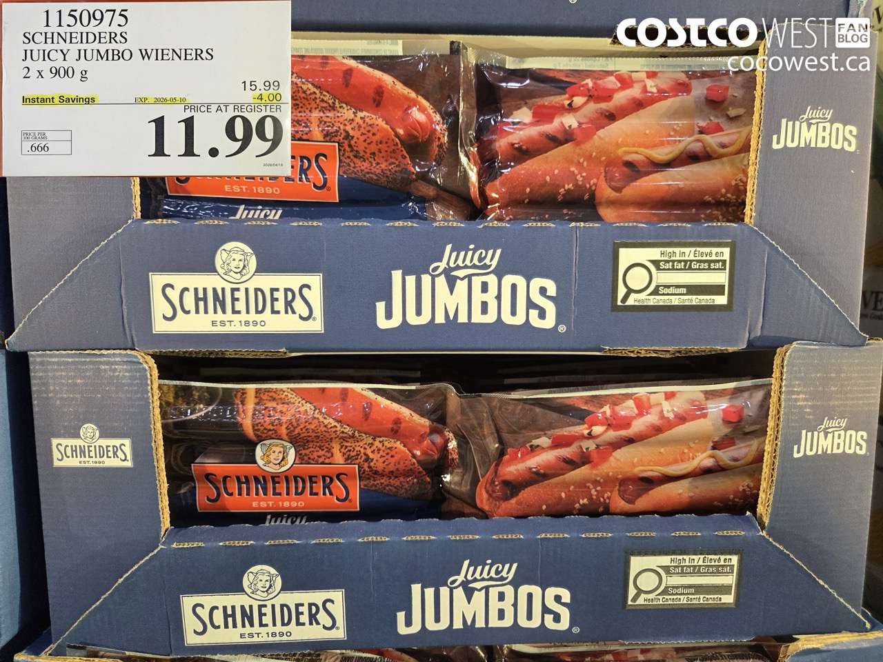 1150975 SCHNEIDERS JUICY JUMBO WIENERS 2 X 900G ($4.00 INSTANT SAVINGS EXPIRES ON 2026-05-10) $11.99