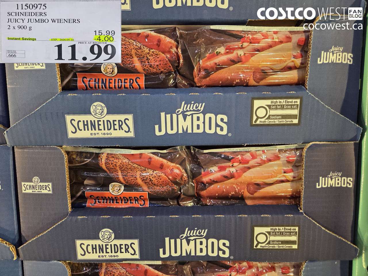 1150975 SCHNEIDERS JUICY JUMBO WIENERS 2 X 900 G ($4.00 INSTANT SAVINGS EXPIRES ON 2026-05-10) $11.99