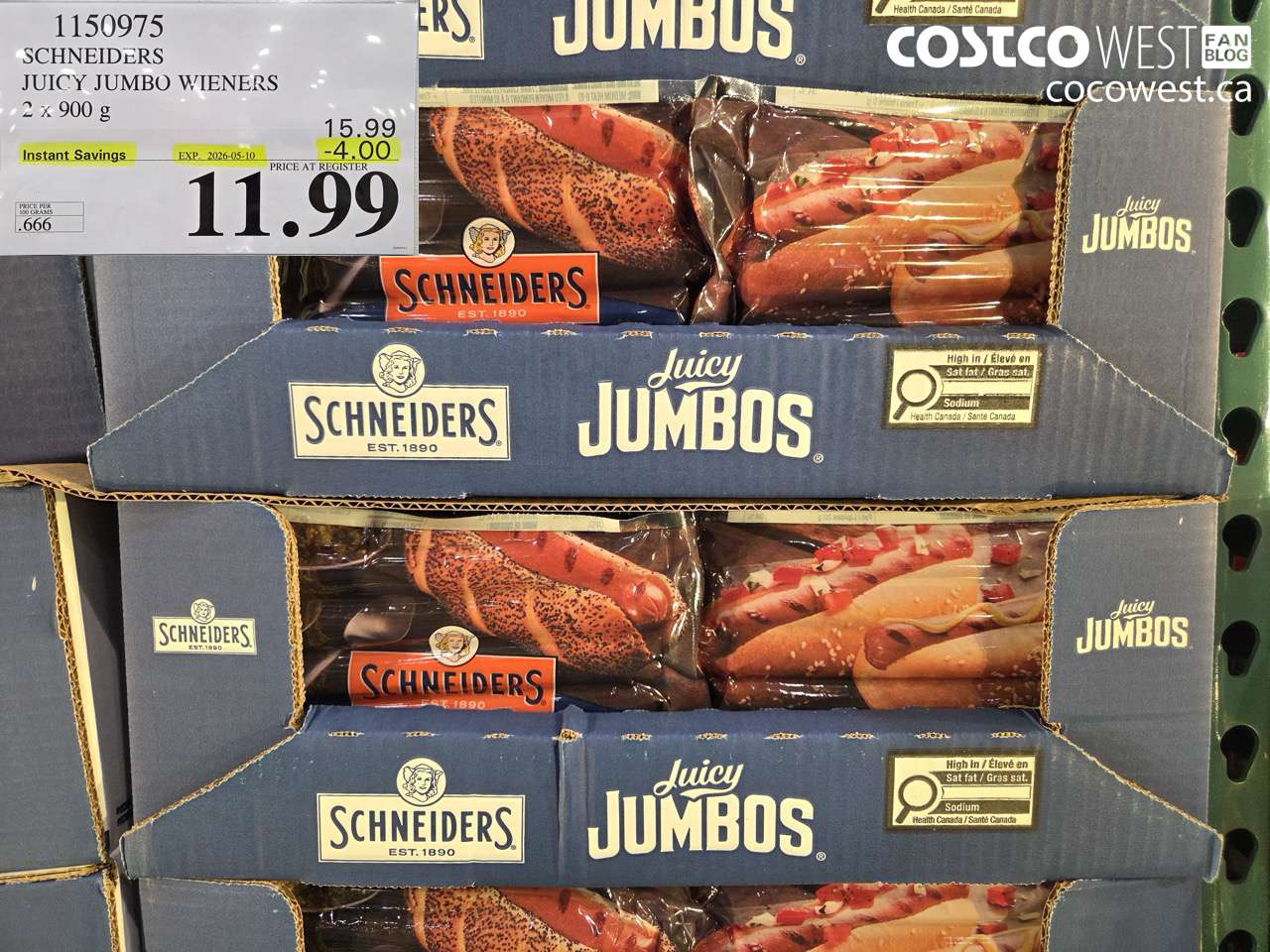 1150975 SCHNEIDERS JUICY JUMBO WIENERS 2 X 900 G ($4.00 INSTANT SAVINGS EXPIRES ON 2026-05-10) $11.99