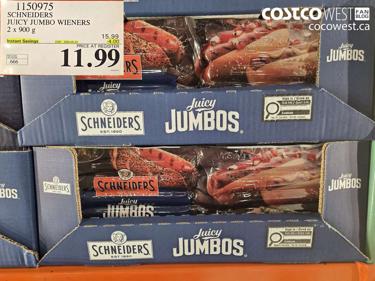 1150975 SCHNEIDERS JUICY JUMBO WIENERS 2 X 900 G ($4.00 INSTANT SAVINGS EXPIRES ON 2026-05-10) $11.99