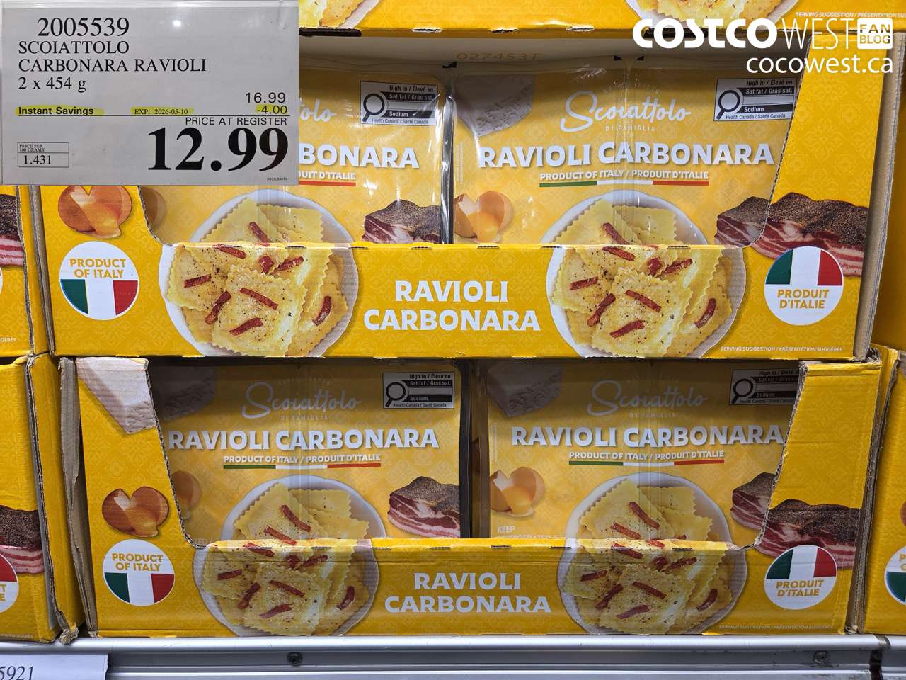 200539 SCOIATTOLO CARBONARA RAVIOLI 2 X 454G ($4.00 INSTANT SAVINGS EXPIRES ON 2026-05-10) $12.99