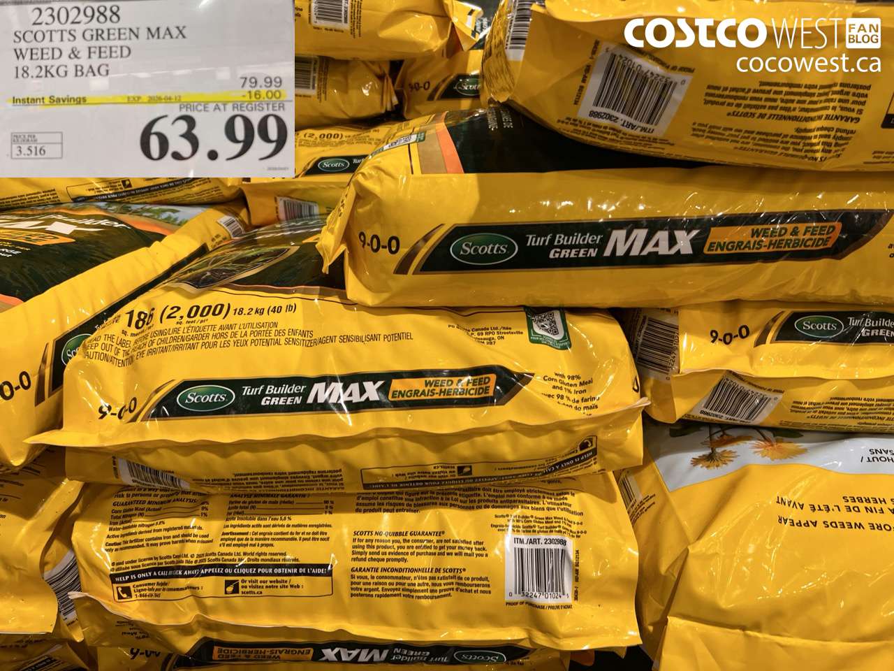 2302988 SCOTTS GREEN MAX WEED & FEED 18.2KG BAG ($16.00 INSTANT SAVINGS EXPIRES ON 2026-04-12) $63.99