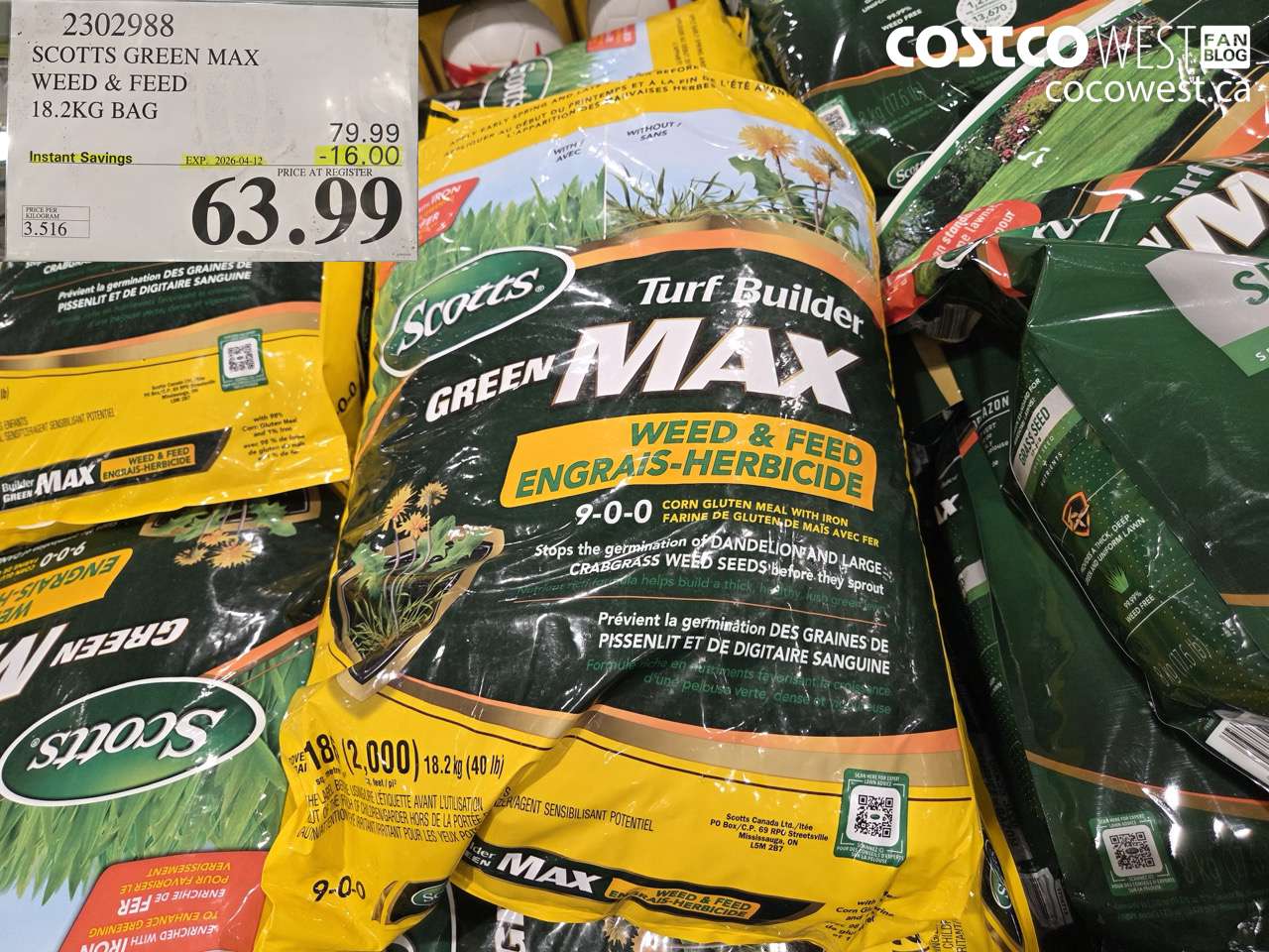 2302988 SCOTTS GREEN MAX WEED & FEED 18.2KG BAG ($16.00 INSTANT SAVINGS EXPIRES ON 2026-04-12) $63.99