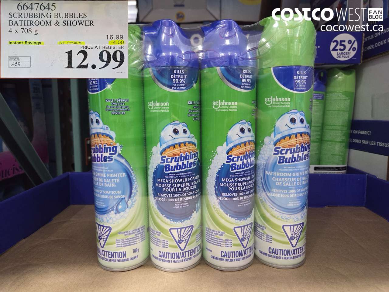 6647645 SCRUBBING BUBBLES BATHROOM & SHOWER 4 X 708 G ($4.00 INSTANT SAVINGS EXPIRES ON 2026-04-26) $12.99