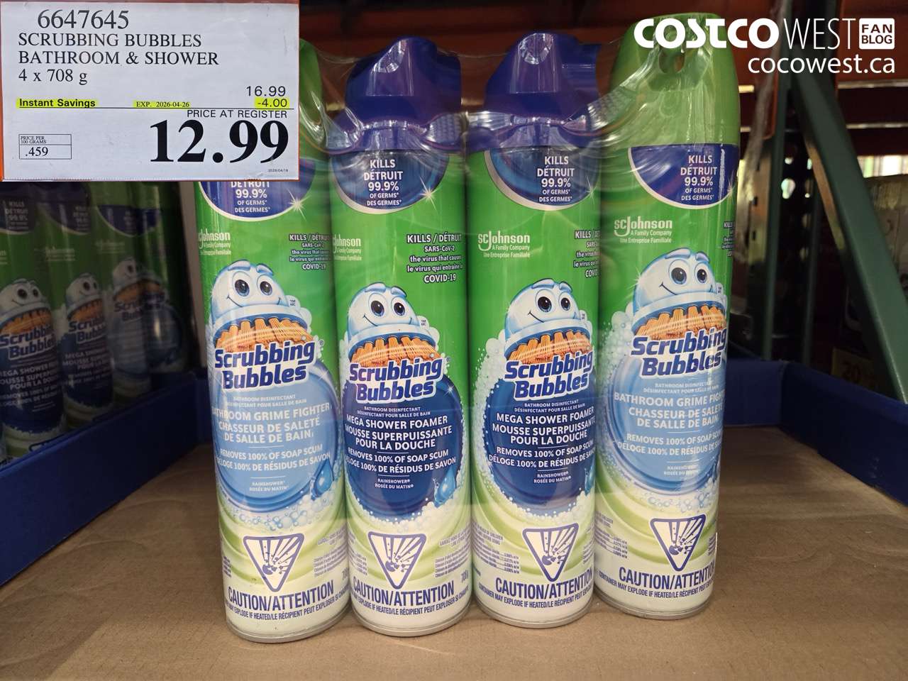 6647645 SCRUBBING BUBBLES BATHROOM & SHOWER 4 X 708 G ($4.00 INSTANT SAVINGS EXPIRES ON 2026-04-26) $12.99