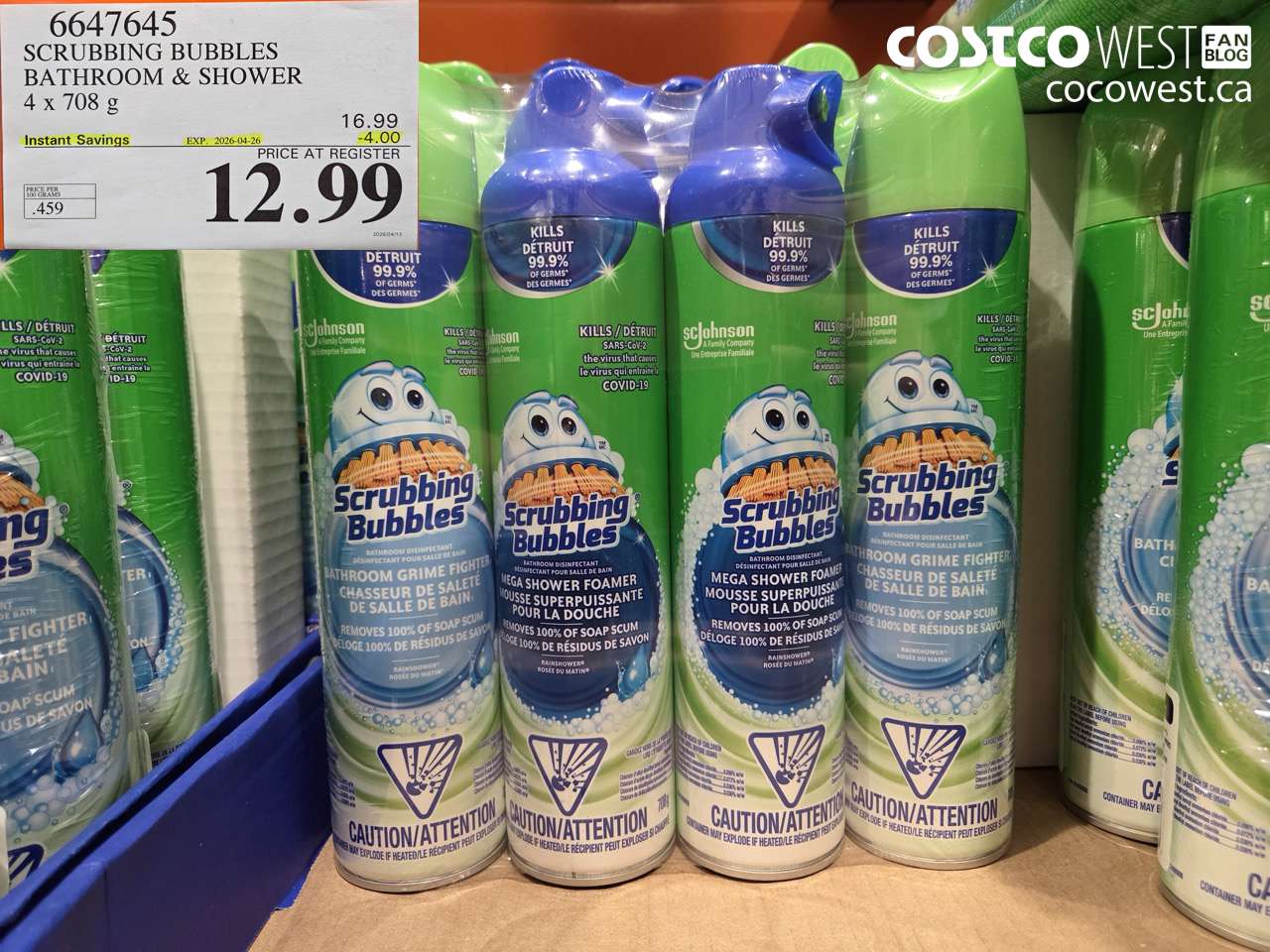 6647645 SCRUBBING BUBBLES BATHROOM & SHOWER 4 X 708 G ($4.00 INSTANT SAVINGS EXPIRES ON 2026-04-26) $12.99