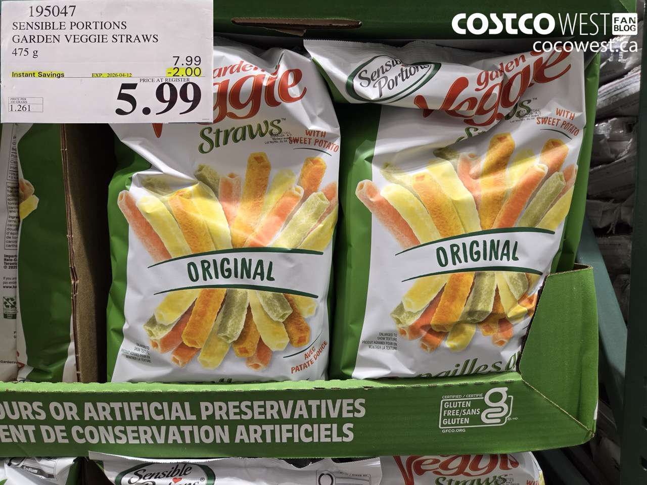 195047 SENSIBLE PORTIONS GARDEN VEGGIE STRAWS 475 g ($2.00 INSTANT SAVINGS EXPIRES ON 2026-04-12) $5.99