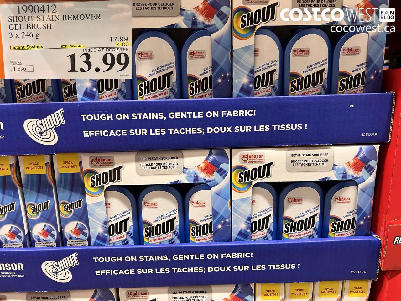 19904112 SHOUT STAIN REMOVER GEL BRUSH 3 x 246 g ($4.00 INSTANT SAVINGS EXPIRES ON 2026-04-05) $13.99