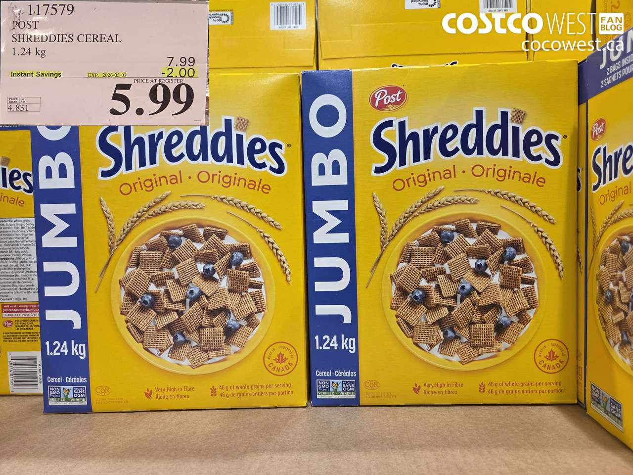 117579 SHREDDIES CEREAL 1.24 KG ($2.00 INSTANT SAVINGS EXPIRES ON 2026-05-03) $5.99