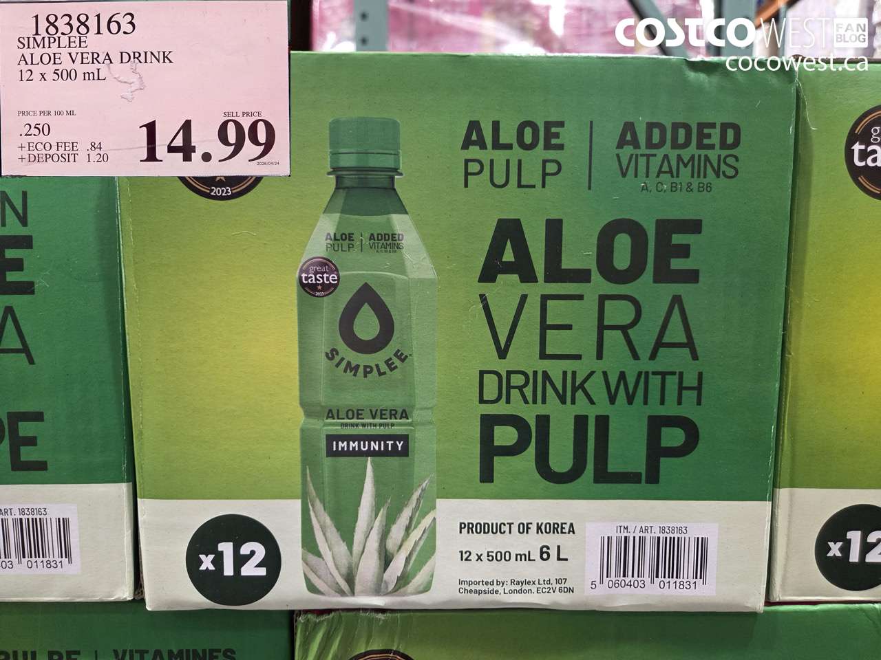 1838163 SIMPLEE ALOE VERA DRINK 12 X 500 ML $14.99