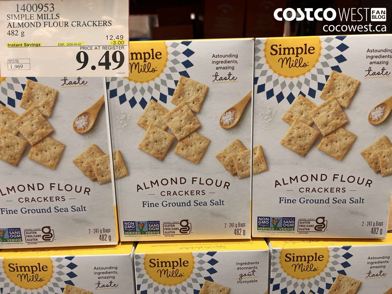 1400953 SIMPLE MILLS ALMOND FLOUR CRACKERS 482G ($3.00 INSTANT SAVINGS EXPIRES ON 2026-04-02) $9.49