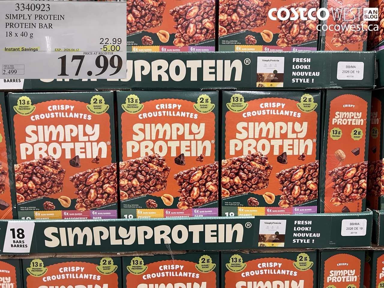 3340923 SIMPLY PROTEIN PROTEIN BAR 18 X 40 G ($5.00 INSTANT SAVINGS EXPIRES ON 2026-04-12) $17.99