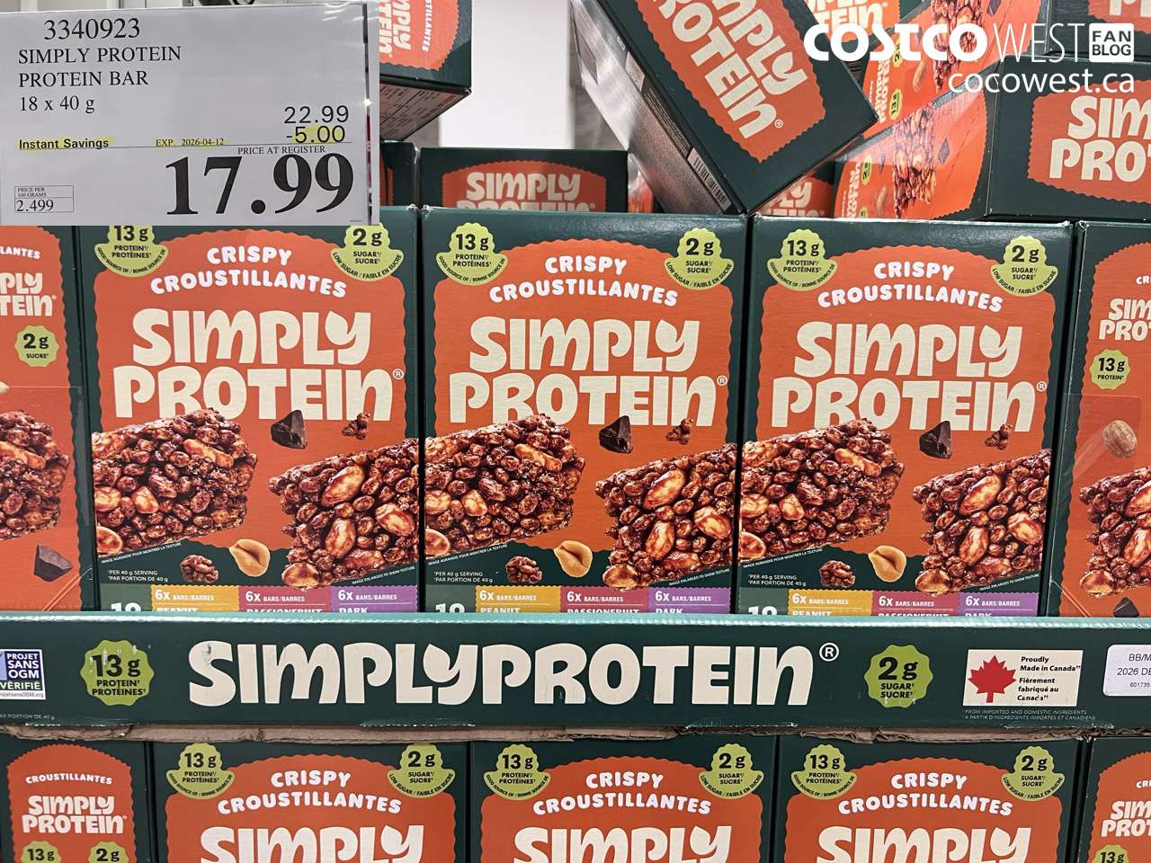 3340923 SIMPLY PROTEIN PROTEIN BAR 18 X 40 G ($5.00 INSTANT SAVINGS EXPIRES ON 2026-04-12) $17.99