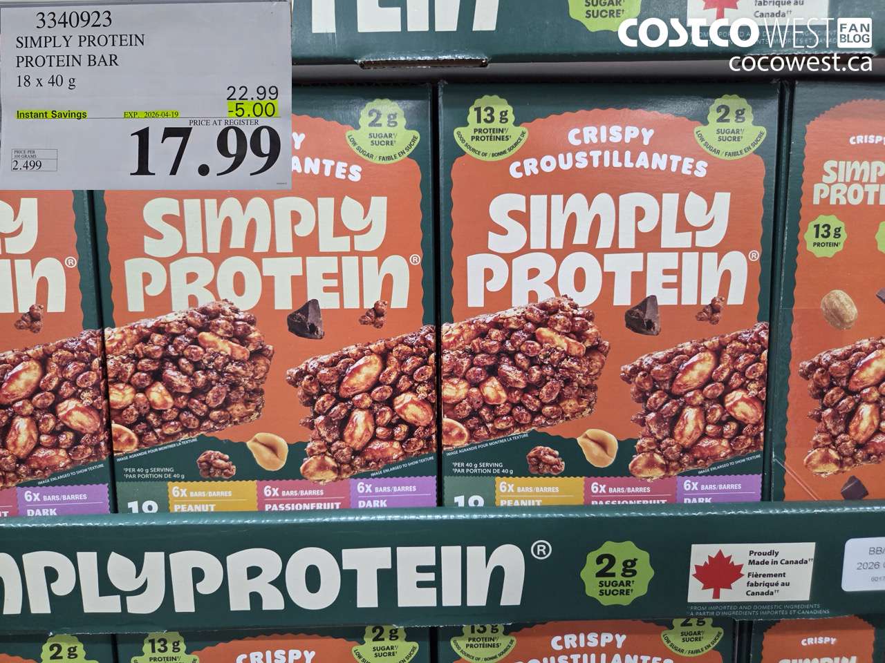 3340923 SIMPLY PROTEIN PROTEIN BAR 18 X 40 G ($5.00 INSTANT SAVINGS EXPIRES ON 2026-04-19) $17.99