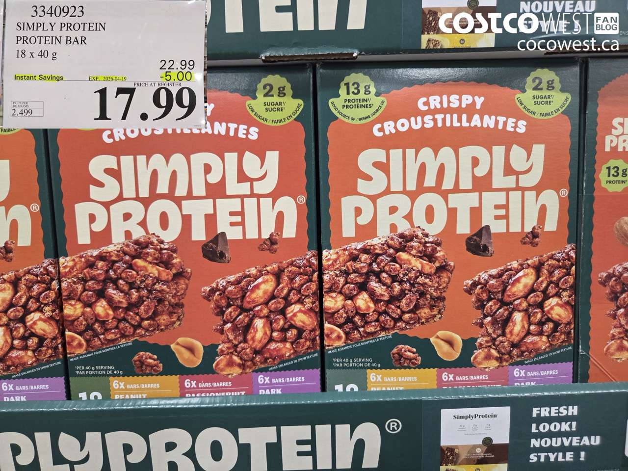3340923 SIMPLY PROTEIN PROTEIN BAR 18 X 40 G ($5.00 INSTANT SAVINGS EXPIRES ON 2026-04-19) $17.99